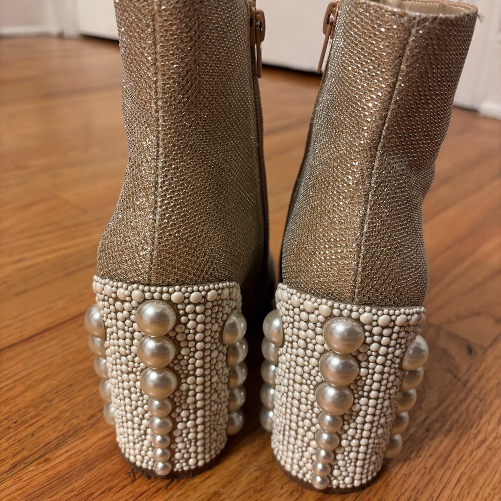 Betsey Johnson Gold Beaded Pearl Block Heel Ankle Boots